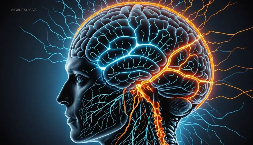 Illustration of attentional blink in the brain showing neural pathways and rapid visual stimuli sequence