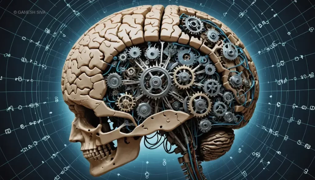 Illustration of a human brain with one side showing internal probabilistic mechanisms and the other side obscured by a blind spot, representing Bayesian reasoning flaws.