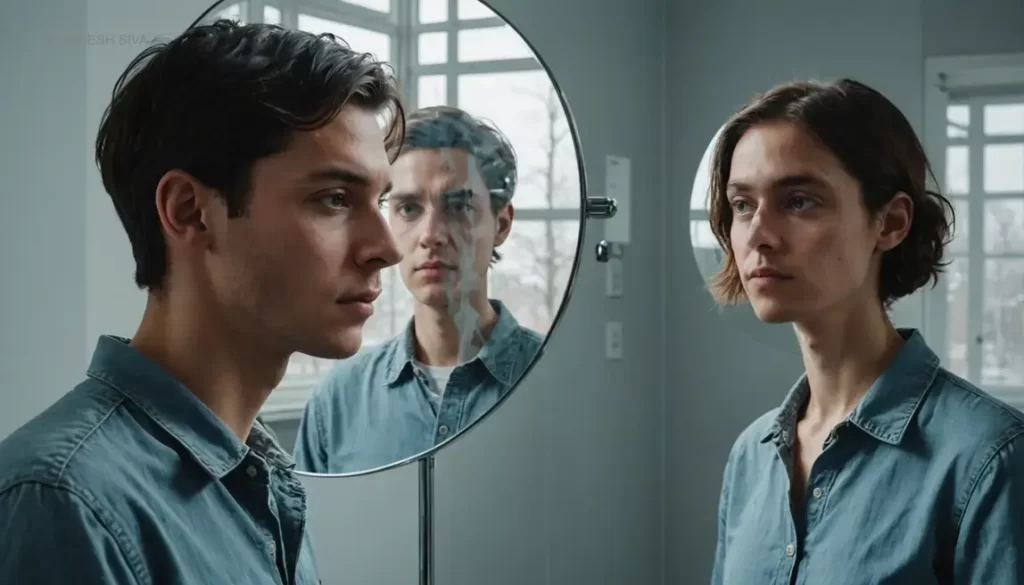 Illustration of a person experiencing depersonalization, with a distorted reflection in a mirror representing feelings of detachment from self.