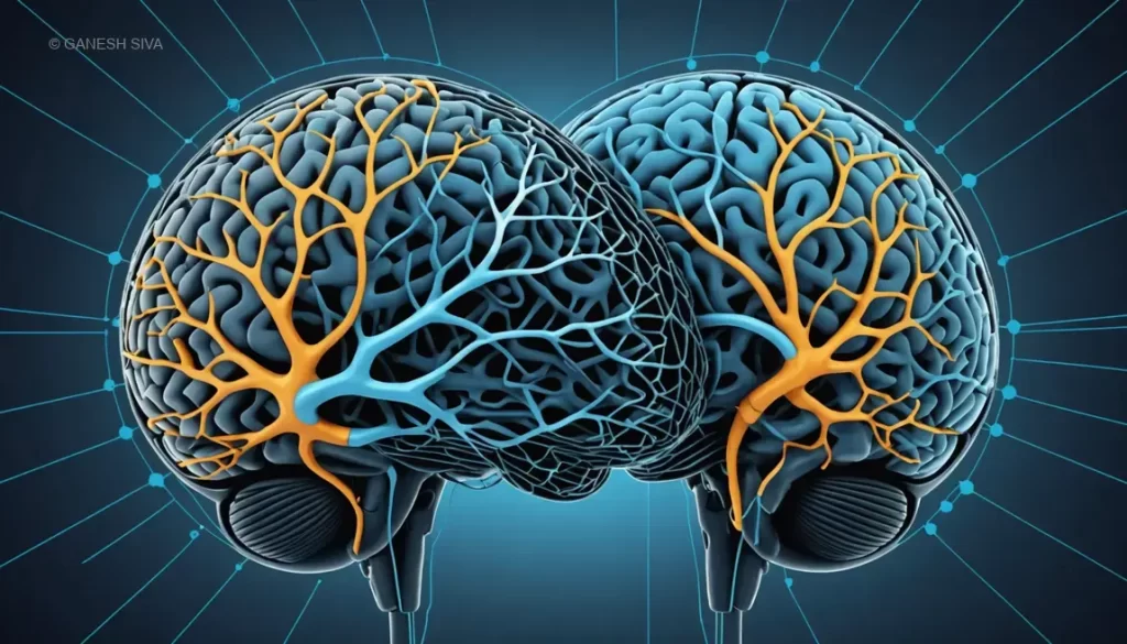Abstract visualization of dual-task interference in the brain with conflicting neural pathways.