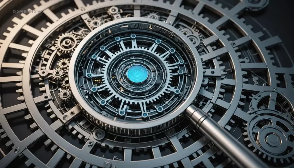 A magnifying glass reveals interconnected gears and data streams, symbolizing the Due-Diligence Effect in strategic decision-making.