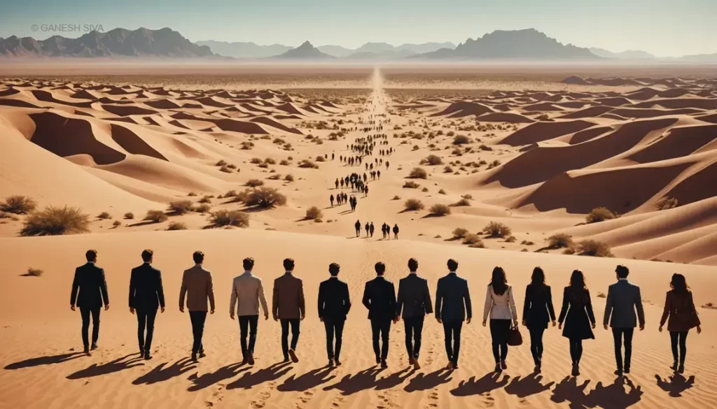 Artistic representation of the Abilene Paradox: individuals walking toward an illusion while showing conflicting intentions.
