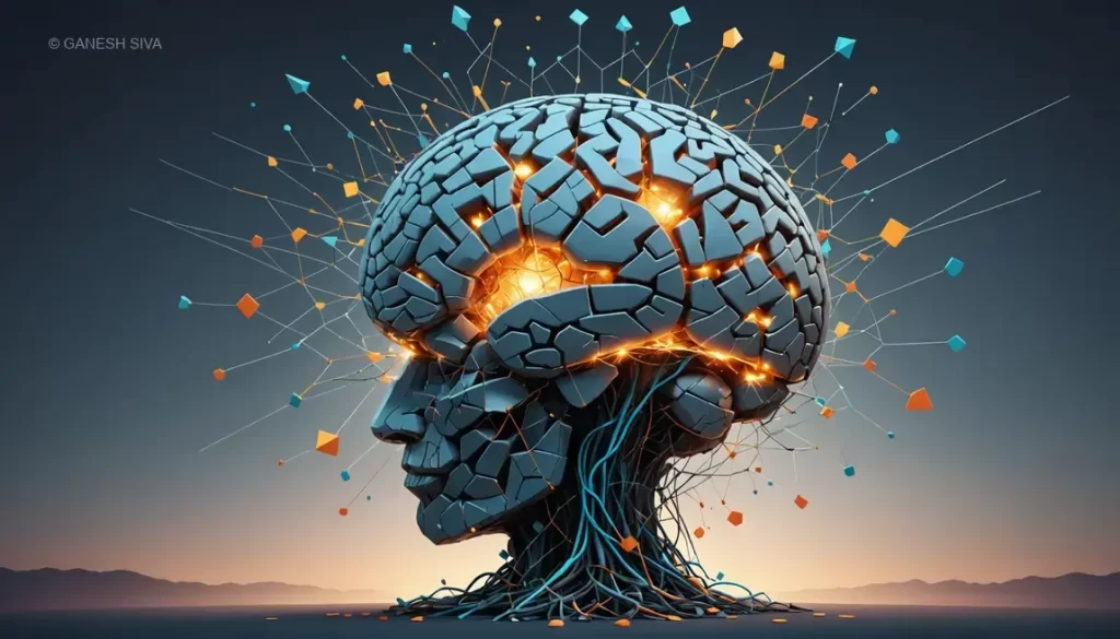 Visual metaphor of the brain processing concrete to abstract concepts with glowing neural pathways.
