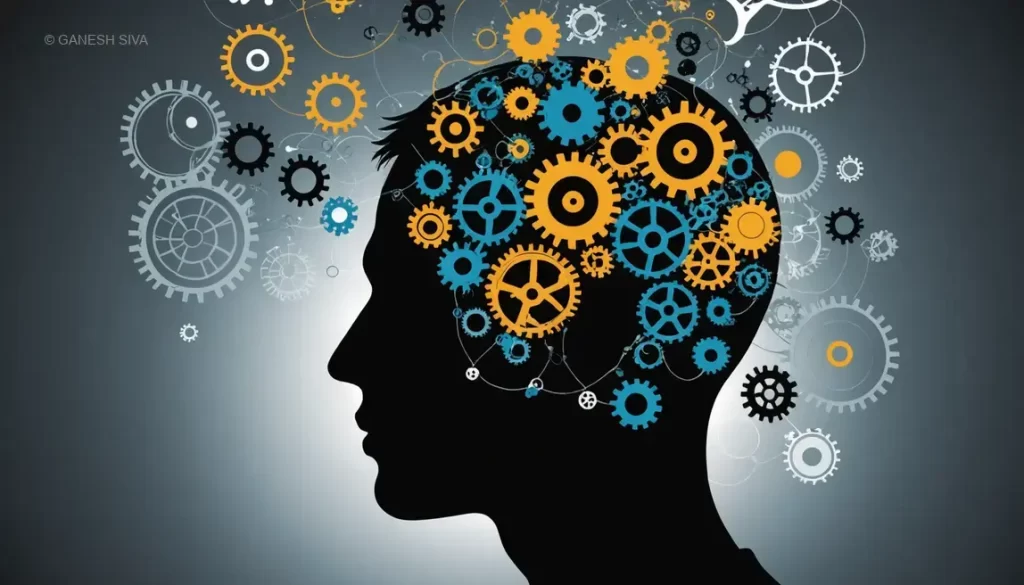 Conceptual illustration of the Action-Identification Effect showing high-level abstract thinking and low-level detailed focus interacting within a person's mind.