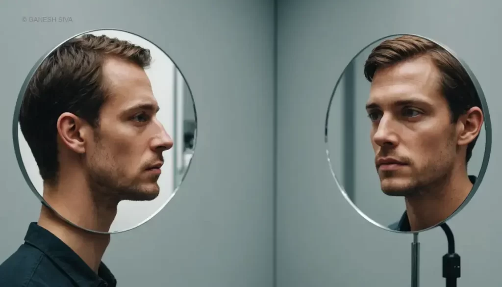 Visual metaphor of Actor-Critic Bias showing distorted self-reflection versus clear external analysis with neural connections.