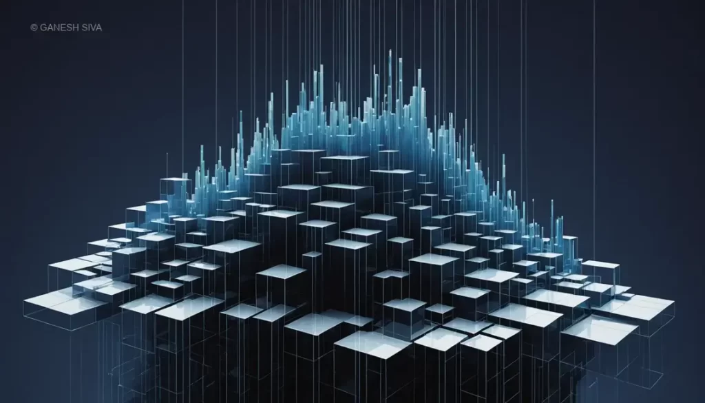 Abstract visualization of additive bias as layered transparent data with distortions building up through accumulation.