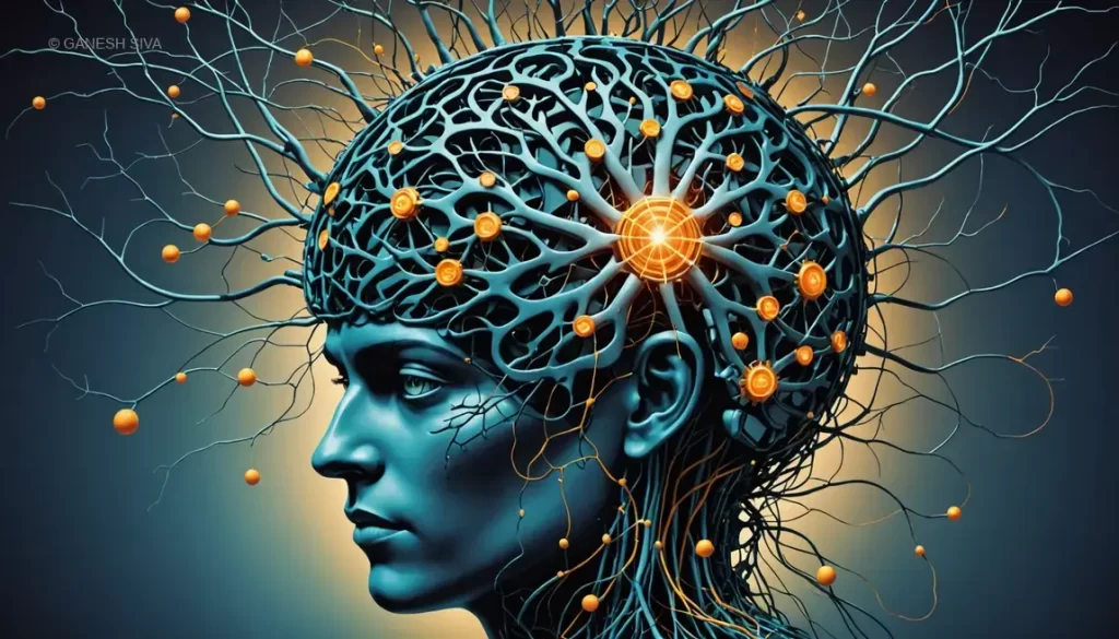 Abstract illustration of a brain with neural networks merging into symbols of perception and agency, representing the concept of agency detection.