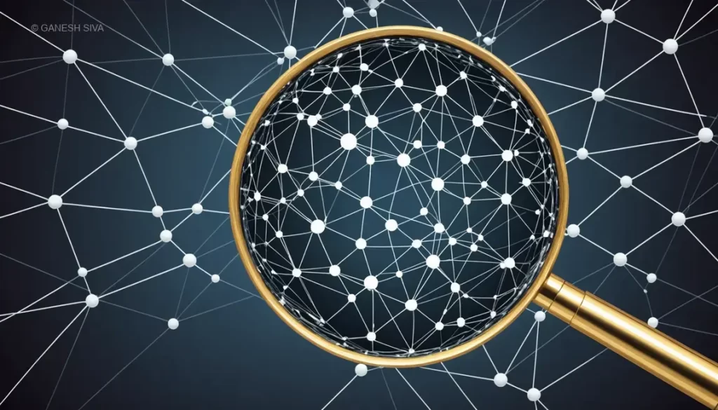 A magnifying glass reveals distortions in an interconnected network, illustrating how individual biases aggregate into systemic patterns.