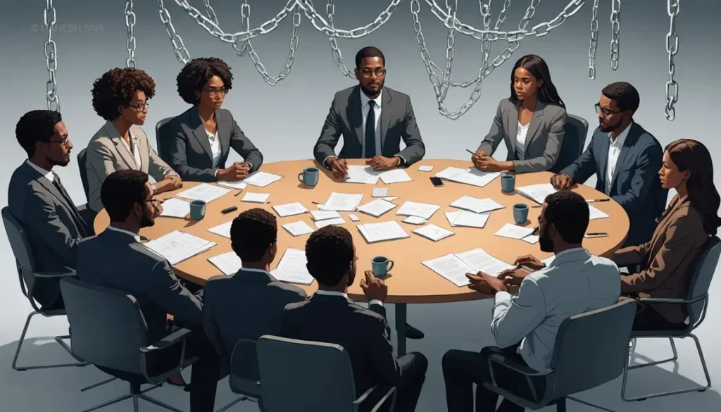 Illustration of agreeableness bias in a team meeting, depicting invisible constraints and elements of critical thinking.