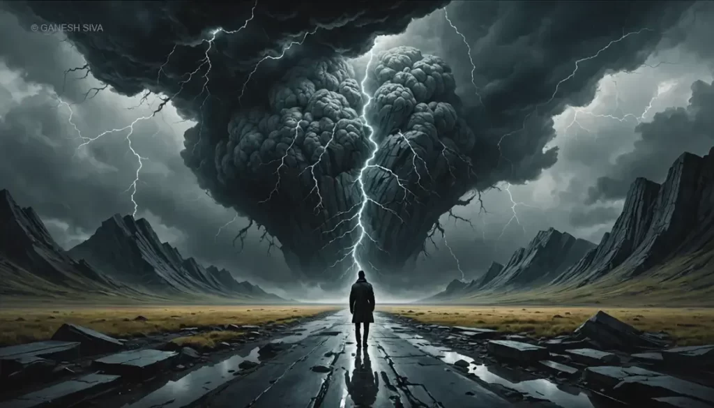 Abstract visualization of alarmist bias showing a mindscape with exaggerated threats and emerging rational light.