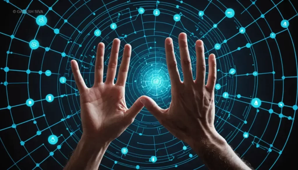 Human hand hesitating to interact with AI interface representing algorithm aversion