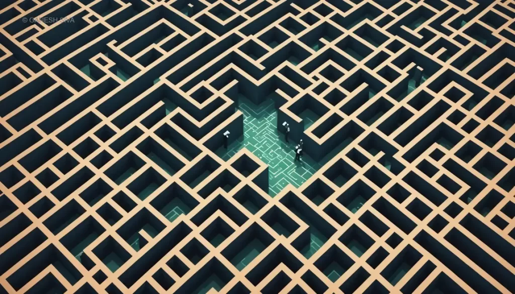 Abstract visualization of the Allais Paradox as diverging paths in a maze, representing risky choices with mathematical and neurological elements.