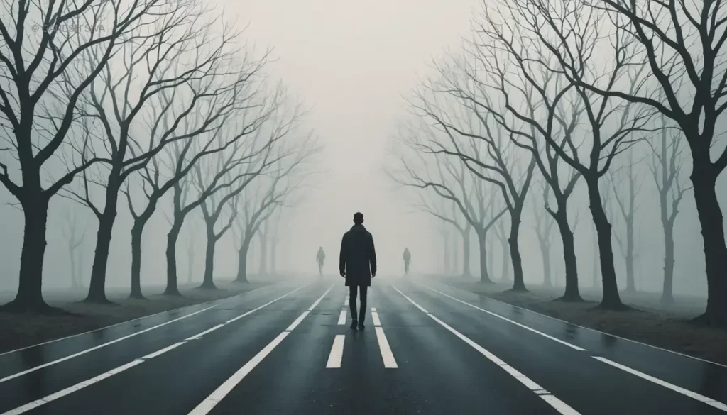 Visual metaphor of the ambiguity-decision effect: foggy ambiguous paths leading to clear decisions.