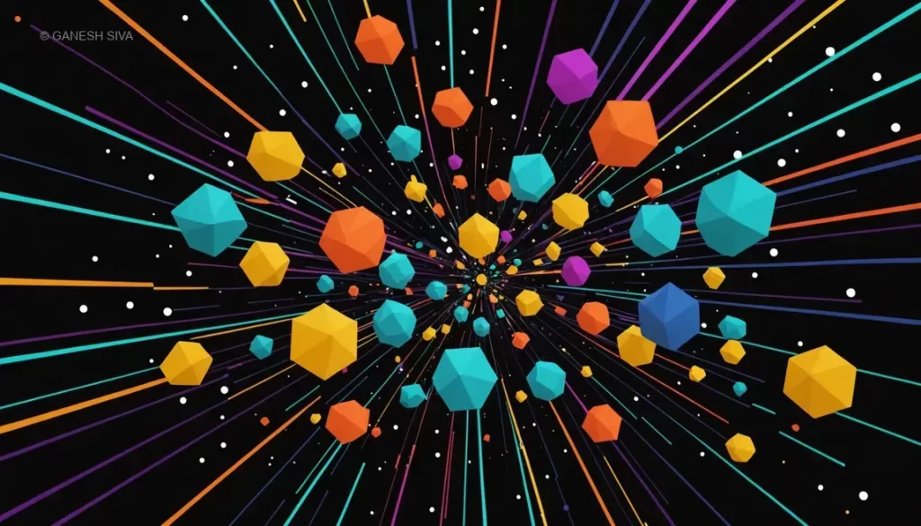 Abstract 3D animation illustrating dynamic motion principles with colorful shapes and light trails.