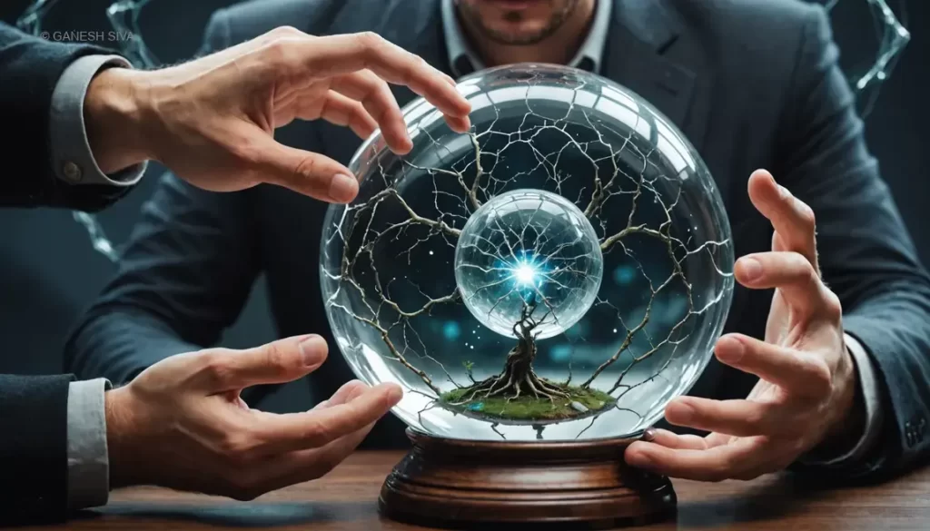 A fractured crystal ball representing distorted anticipation, with abstract neural and decision elements.
