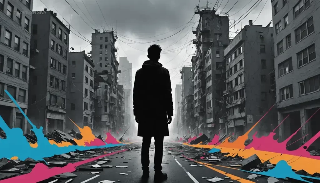 A person's silhouette dissolving into static in a vibrant city, symbolizing apathy's disconnect in modern society