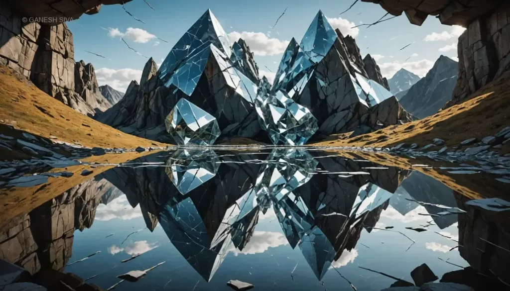 A cracked mirror reflecting a realistic landscape, with abstract distortions symbolizing the appearance-reality distinction.