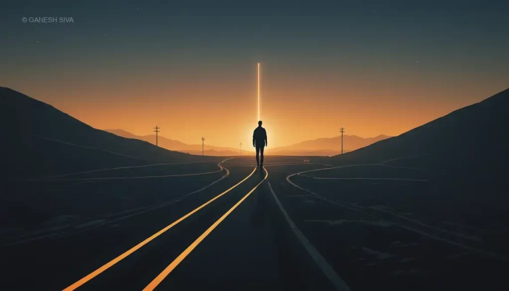 A person at a crossroads between a glowing path and a shadowy path, representing approach-avoidance conflict in decision-making.