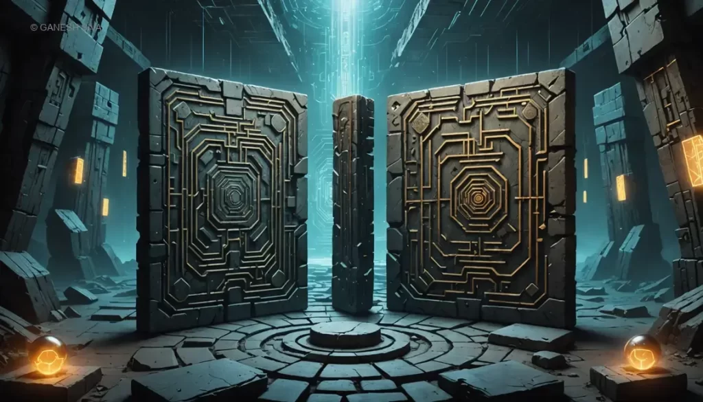 Ancient stone tablets transforming into futuristic AI circuits with alien glyphs, representing the Artifact Hypothesis's concept of technological legacy.