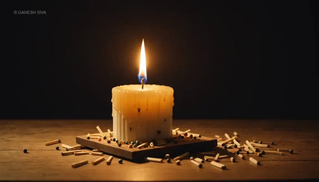 Conceptual art of the Duncker Candle Problem with floating objects and brain-like shadows.