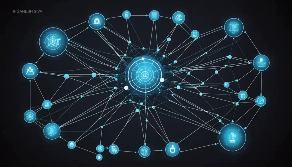 Visual representation of WEB MCP architecture showing interconnected data nodes and protocols